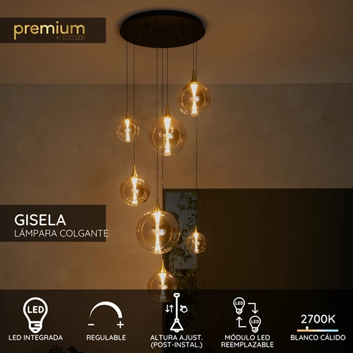 Lucide GISELA - Lámpara colgante - Ø 84 cm - LED Regul. - 2700K - Con módulo LED reemplazable - Ámbar - Premium - USP
